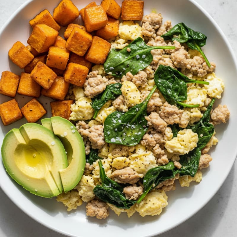 Spinach and Turkey Egg White Scramble with Roasted Sweet Potatoes