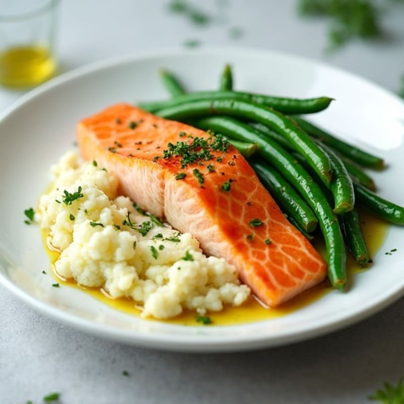 Seared Salmon with Steamed Green Beans and Mashed Cauliflower
