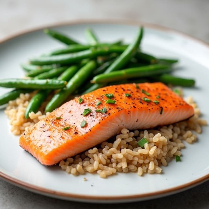 Seared Salmon with Steamed Green Beans and Brown Rice