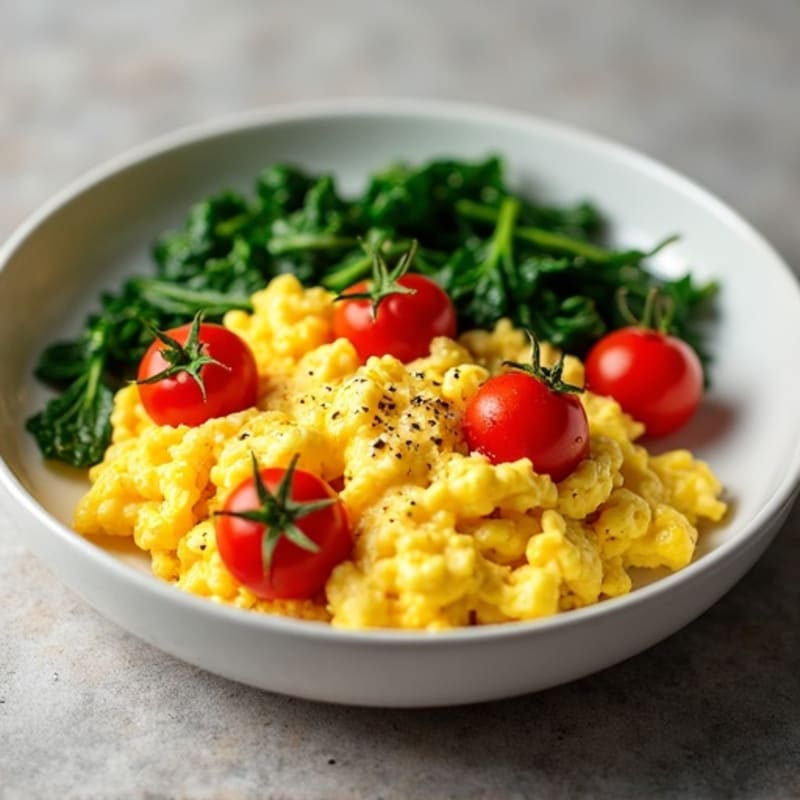 Fluffy Scrambled Eggs with Sautéed Spinach and Roasted Cherry Tomatoes