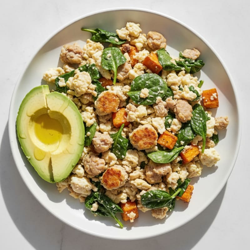 Crispy Turkey Sausage and Egg White Scramble with Spinach