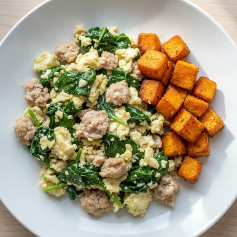 Egg White and Turkey Sausage Scramble with Spinach and Roasted Sweet Potato