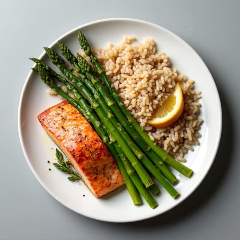 Seared Salmon with Steamed Asparagus and Brown Rice