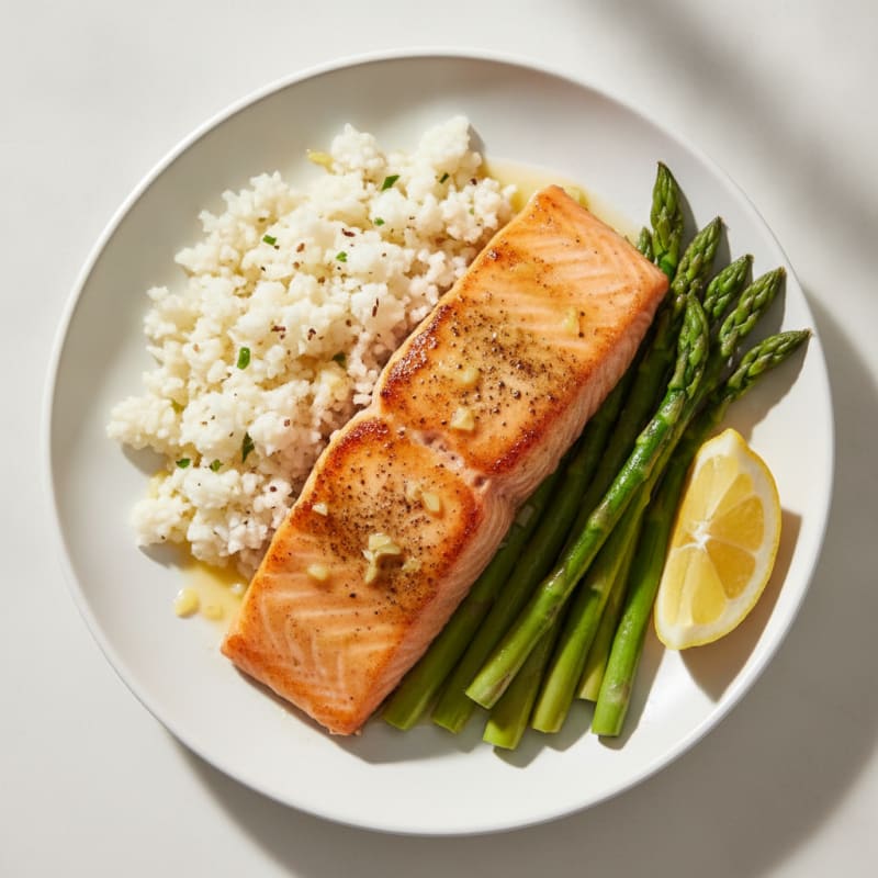 Seared Salmon with Steamed Asparagus and Cauliflower Rice