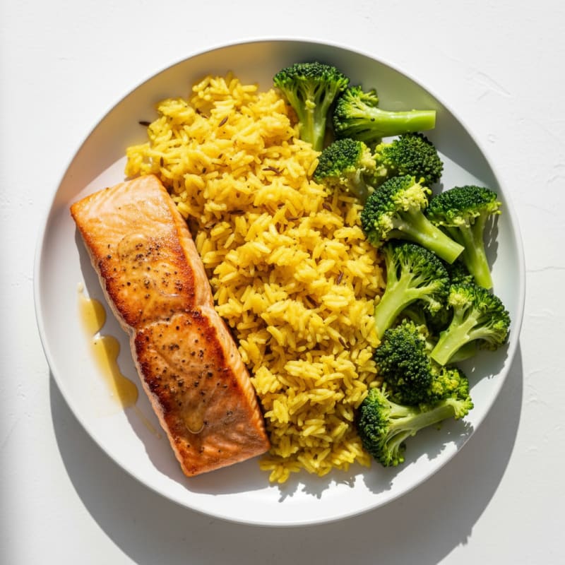 Seared Salmon with Turmeric Rice and Steamed Broccoli