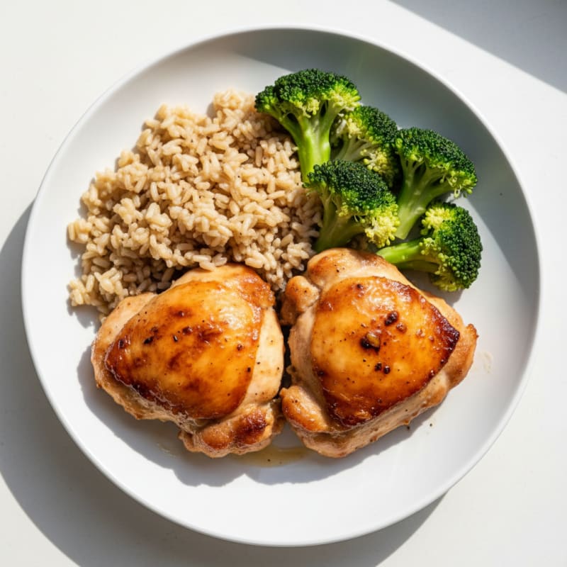 Roasted Chicken Thighs with Steamed Broccoli and Brown Rice