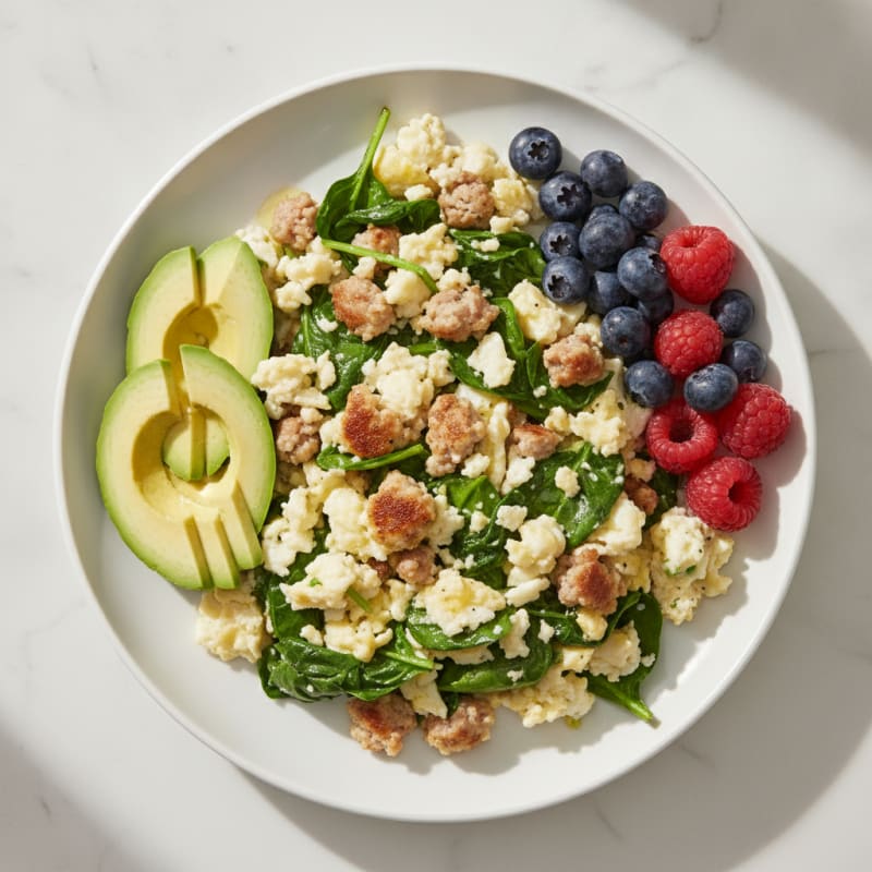 Egg White Scramble with Turkey Sausage and Baby Spinach