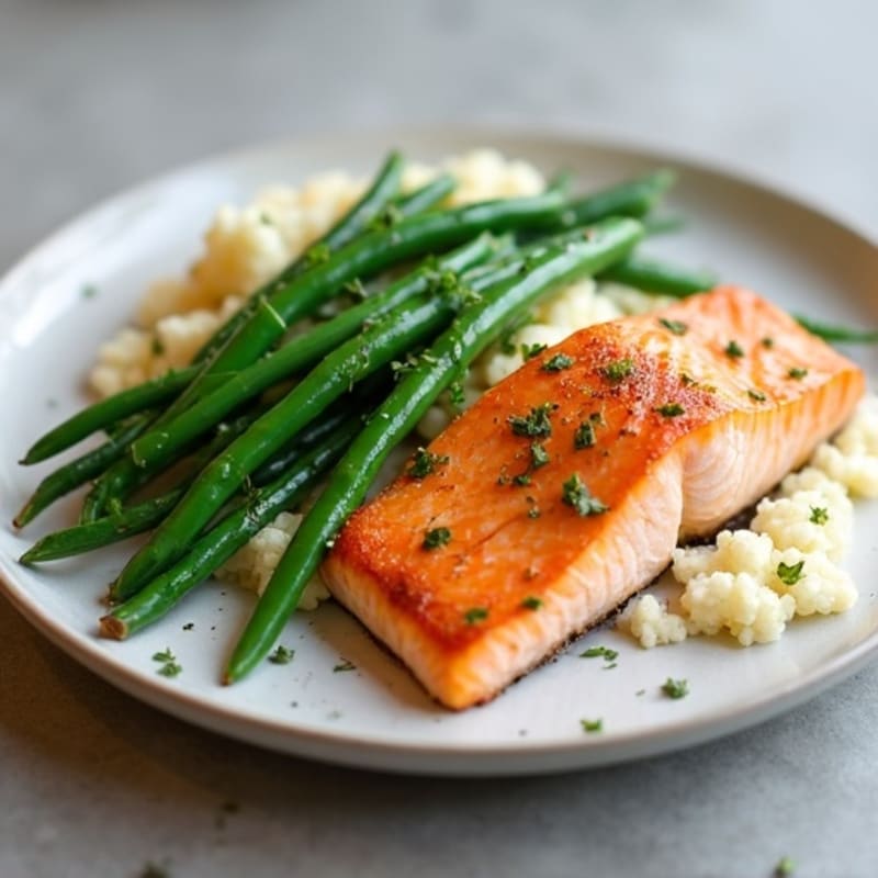 Seared Salmon with Garlic Green Beans and Cauliflower Mash