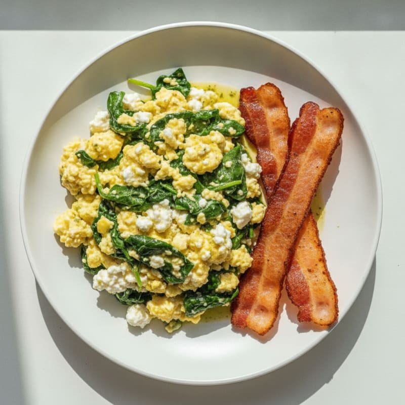 Cottage Cheese Scramble with Spinach and Turkey Bacon