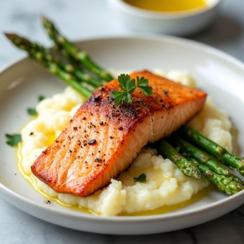 Seared Salmon with Steamed Asparagus and Cauliflower Mash