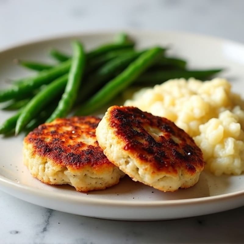 Seared Turkey Patties with Steamed Green Beans and Cauliflower Mash