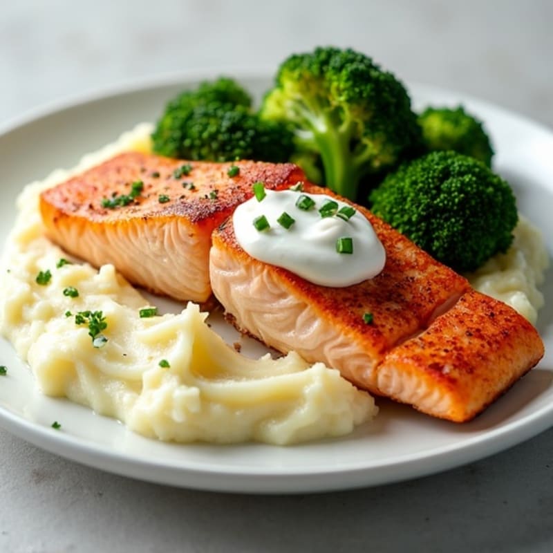 Seared Salmon with Roasted Broccoli and Garlic Mashed Potatoes