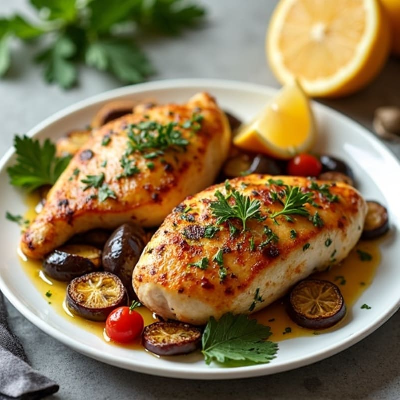 Sheet Pan Roasted Eggplant and Chicken with Lemon-Garlic Dressing