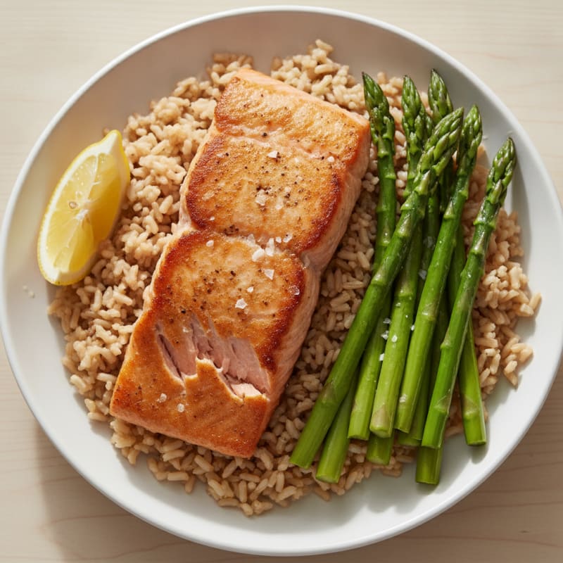 Seared Salmon with Steamed Asparagus and Brown Rice