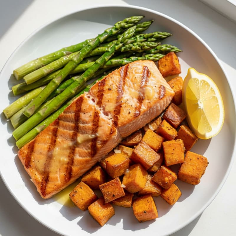 Seared Salmon Fillet with Roasted Sweet Potato and Asparagus