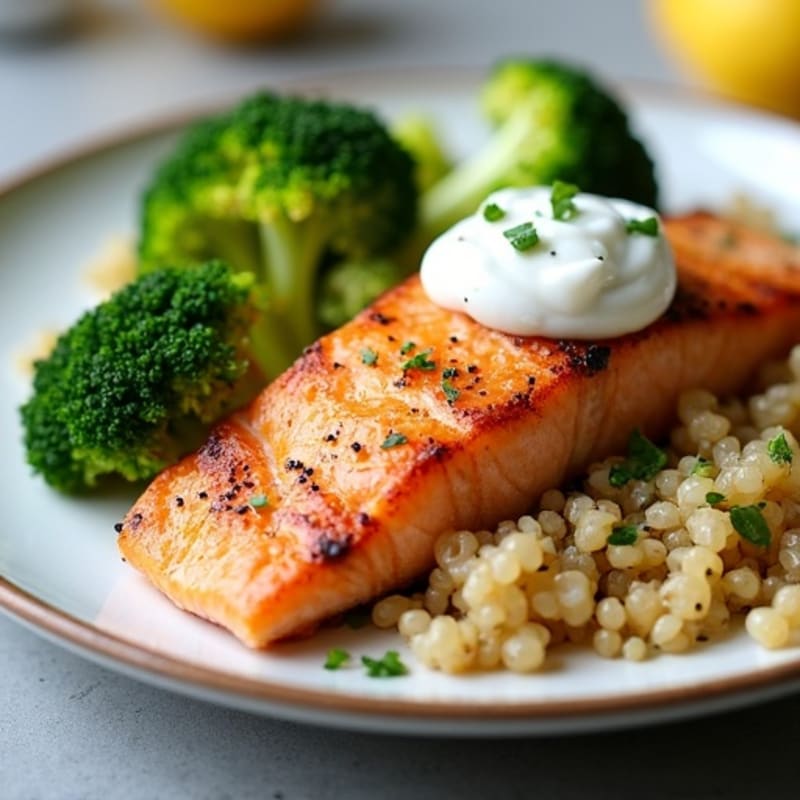 Seared Salmon with Steamed Broccoli and Lemon-Garlic Quinoa