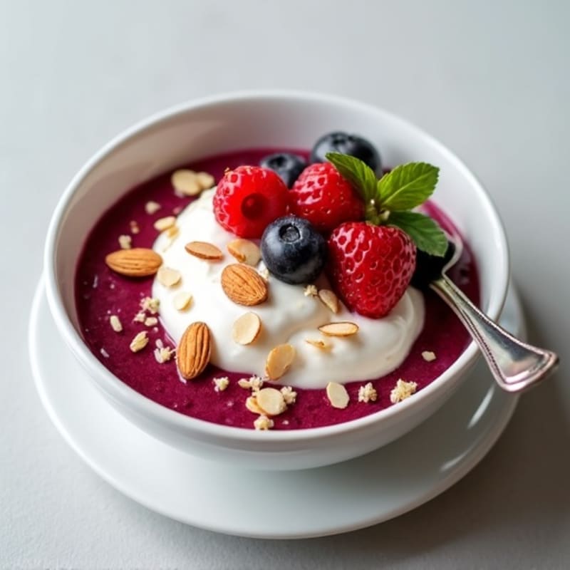 Silky Protein Yogurt Bowl with Mixed Berries and Almonds