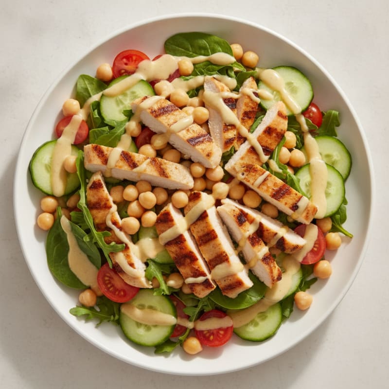 Grilled Chicken and Chickpea Salad with Lemon-Tahini Dressing