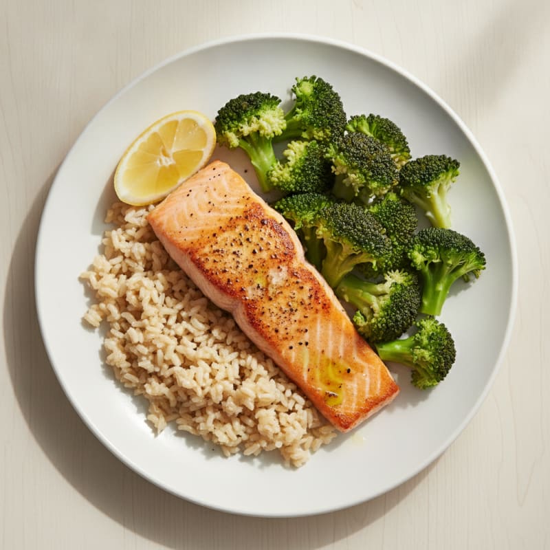 Seared Salmon with Steamed Broccoli and Brown Rice