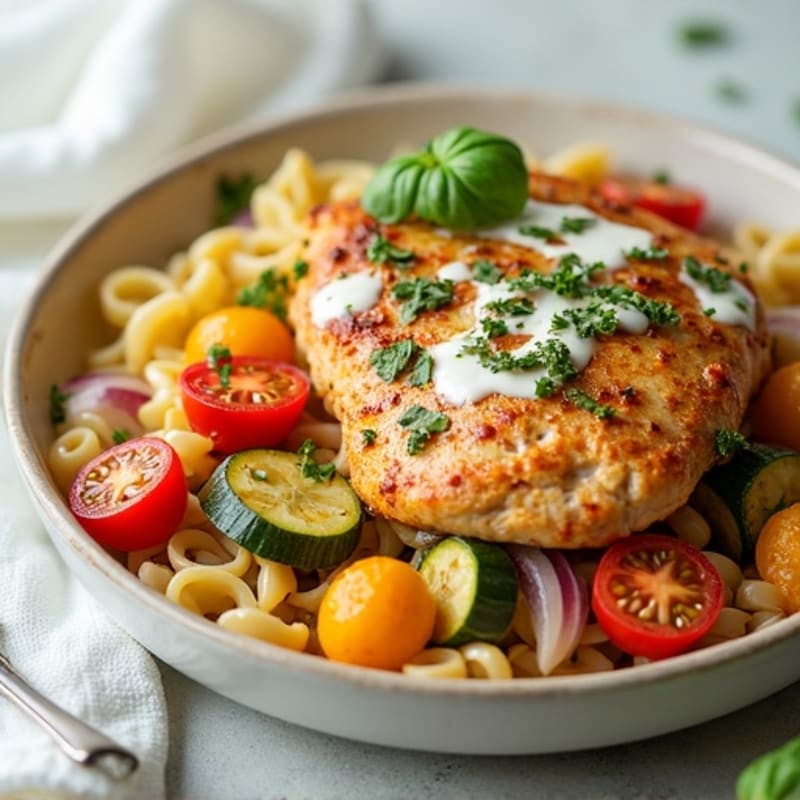 Chicken and Roasted Vegetable Whole Wheat Pasta with Creamy Lemon-Herb Sauce
