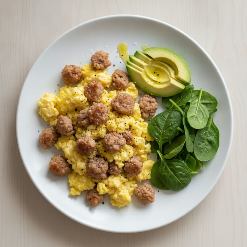 Scrambled Eggs with Turkey Sausage and Avocado