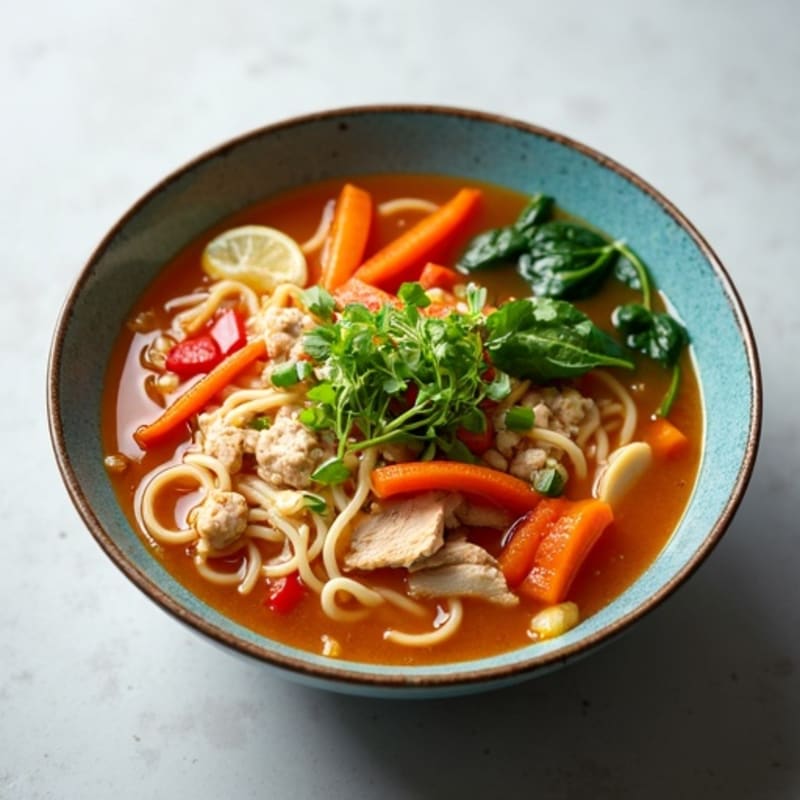 Spicy Sriracha Brothy Chicken Noodle Soup with Fresh Vegetables