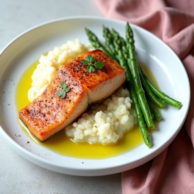Seared Salmon with Steamed Asparagus and Cauliflower Mash