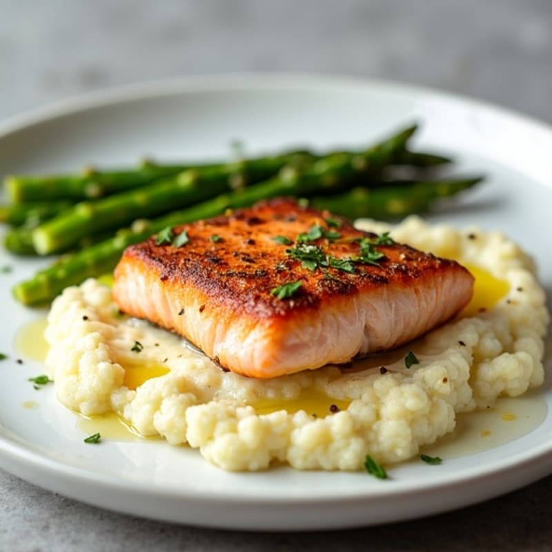 Seared Salmon with Steamed Asparagus and Cauliflower Mash