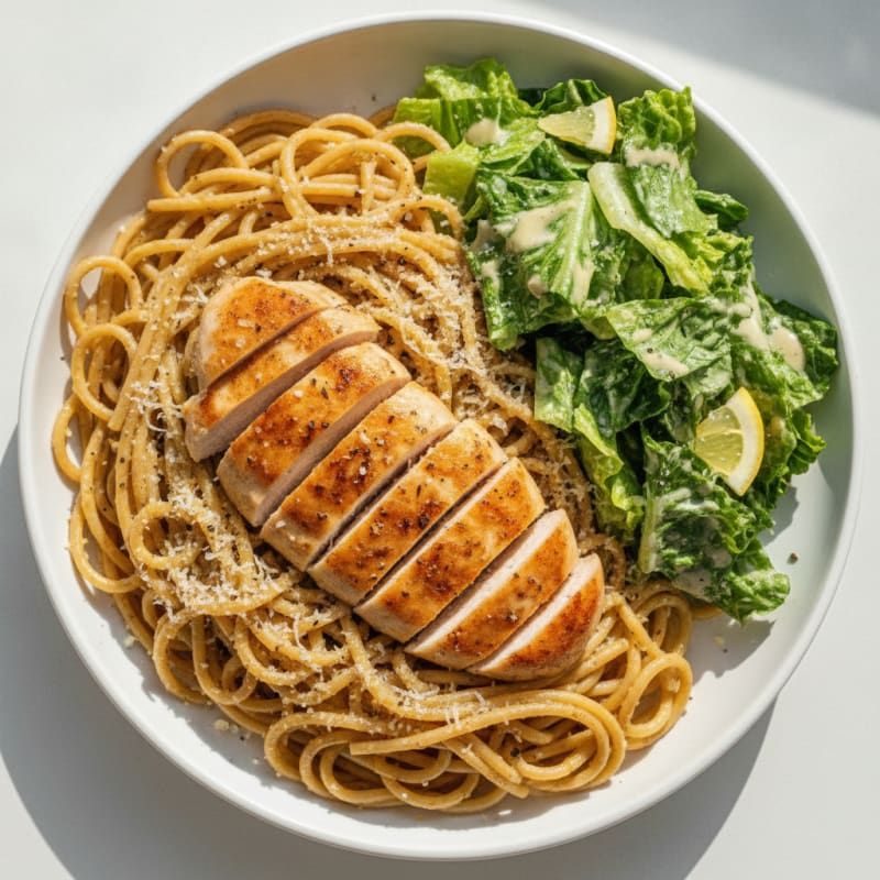 Garlic Parmesan Spaghetti with Fresh Caesar Salad