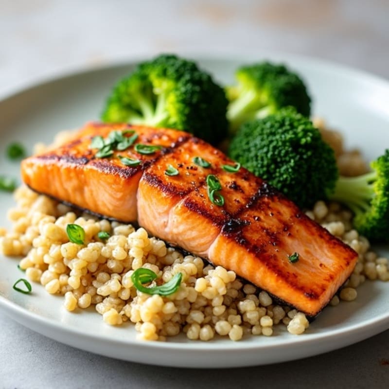 Seared Salmon with Steamed Broccoli and Quinoa