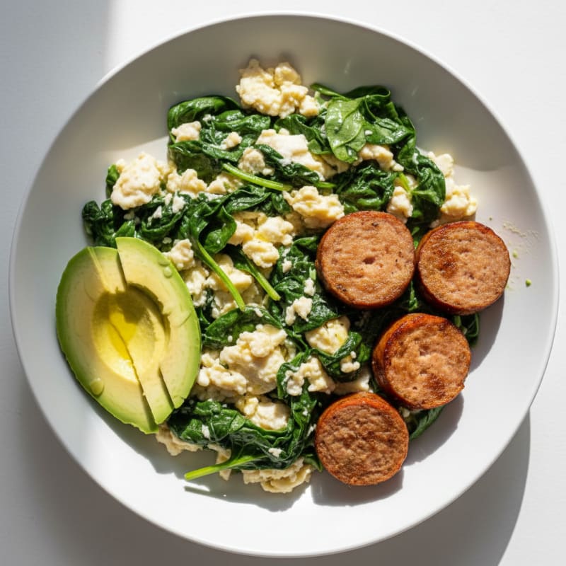 Egg White Spinach Scramble with Turkey Sausage