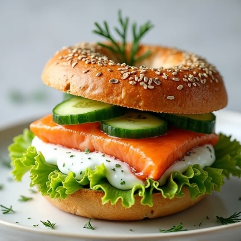 Fresh Dill Salmon Bagel Stack with Cucumber