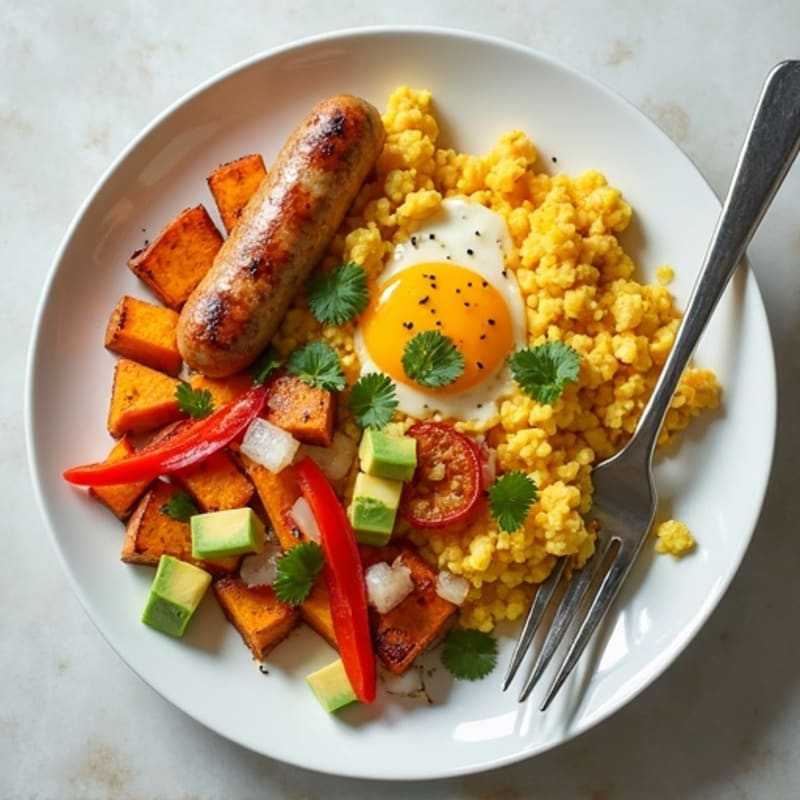 Egg White and Turkey Sausage Scramble with Roasted Sweet Potatoes