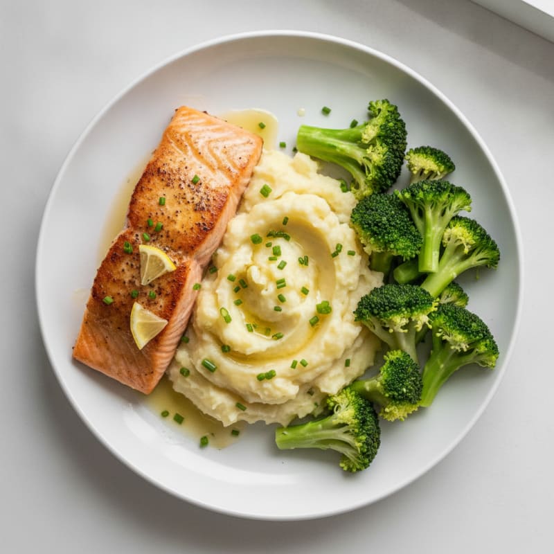 Seared Salmon Fillet with Garlic Mashed Potatoes and Steamed Broccoli