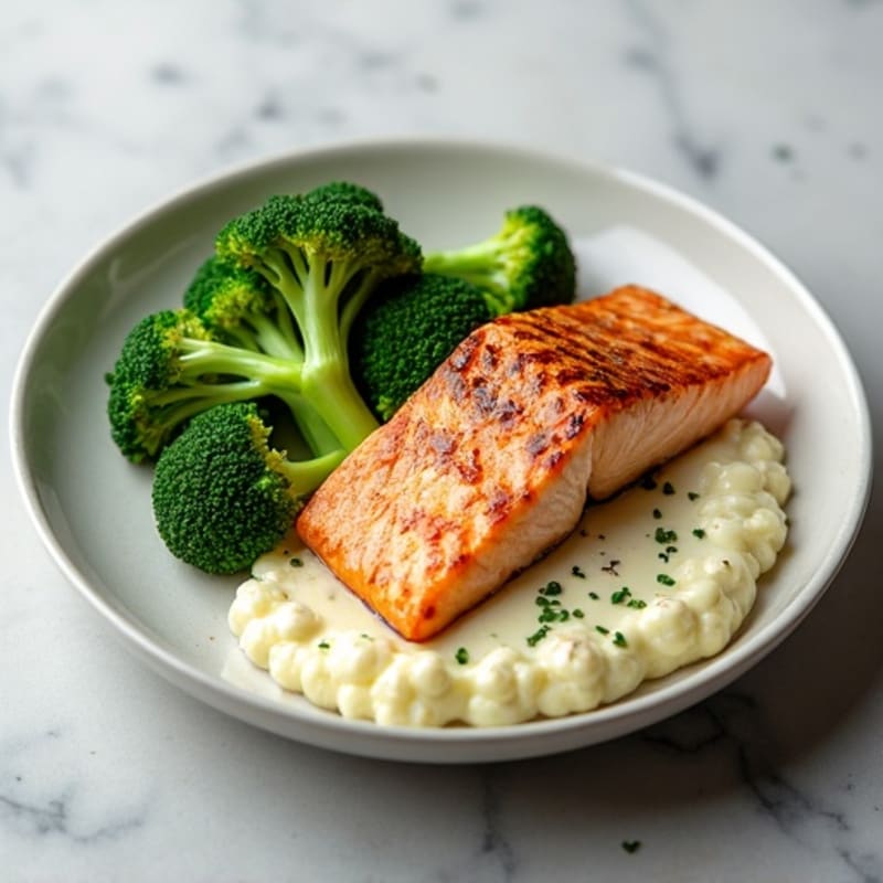 Seared Salmon with Steamed Broccoli and Garlic Cauliflower Mash