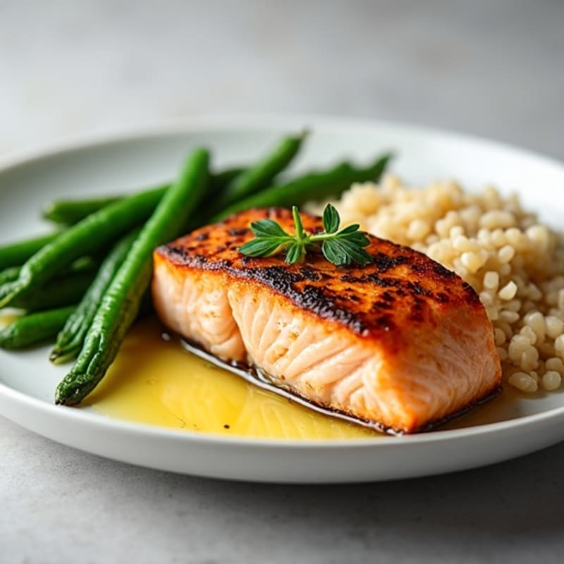 Seared Salmon Fillet with Garlic Green Beans and Brown Rice