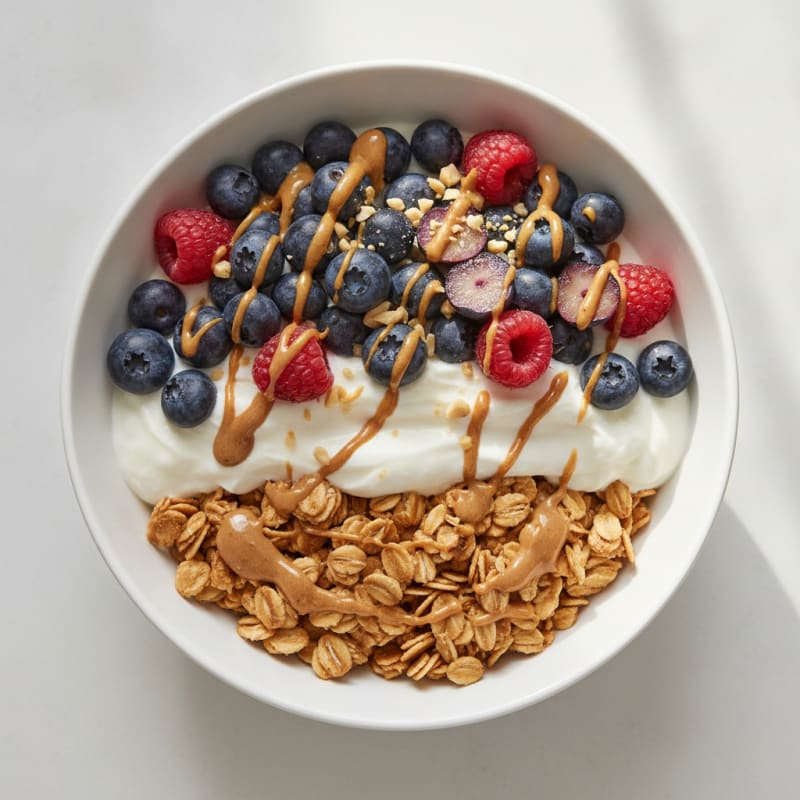 Greek Yogurt Parfait with Peanut Butter Oatmeal and Fresh Berries