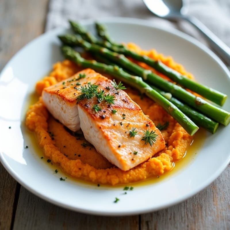 Seared Salmon Fillet with Garlic Roasted Asparagus and Sweet Potato Mash