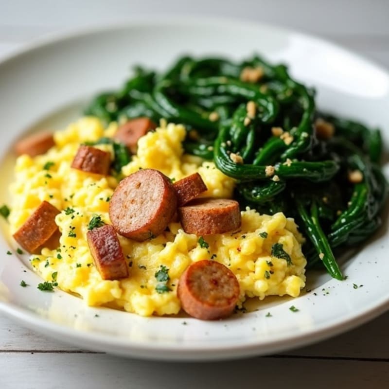 Egg White Scramble with Turkey Sausage and Sautéed Spinach