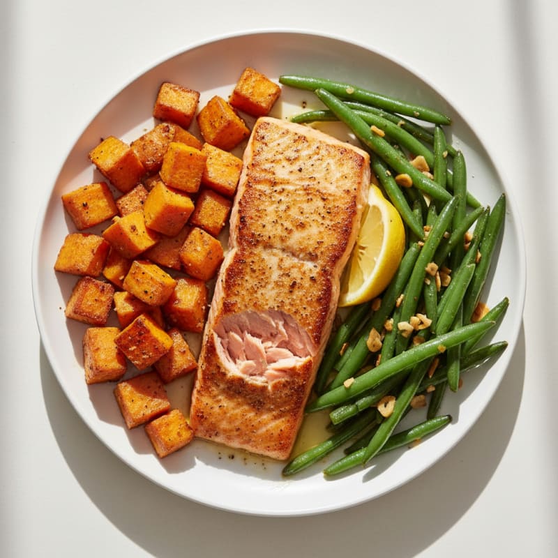 Seared Salmon with Roasted Sweet Potato and Garlic Green Beans