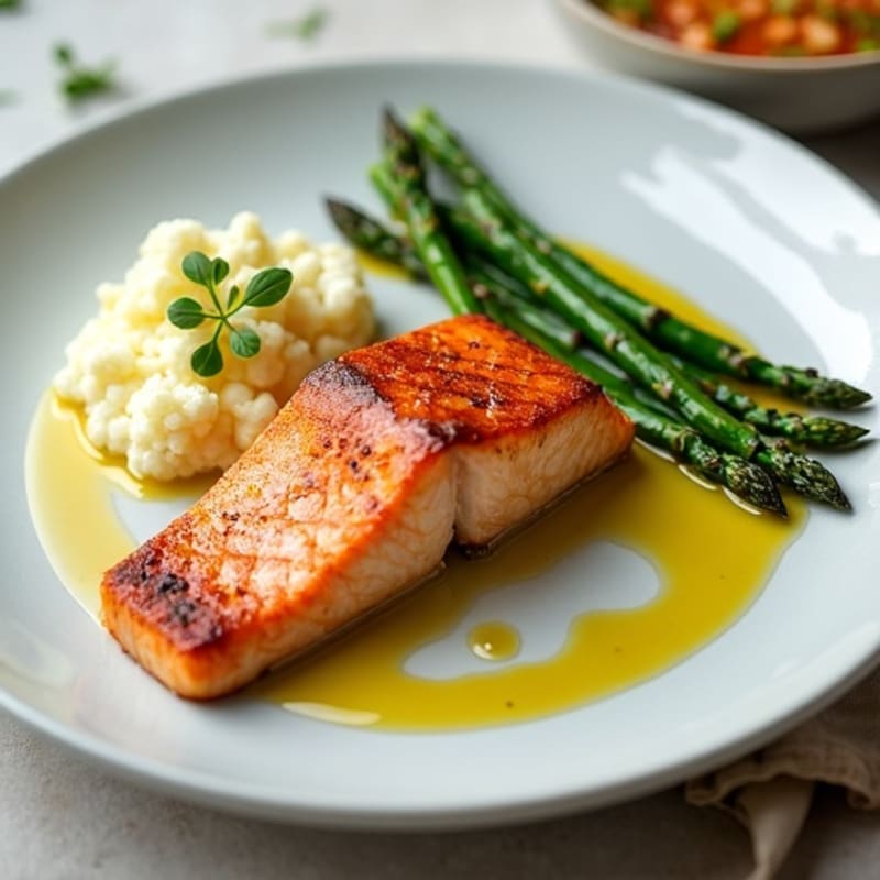 Seared Salmon with Steamed Asparagus and Cauliflower Mash