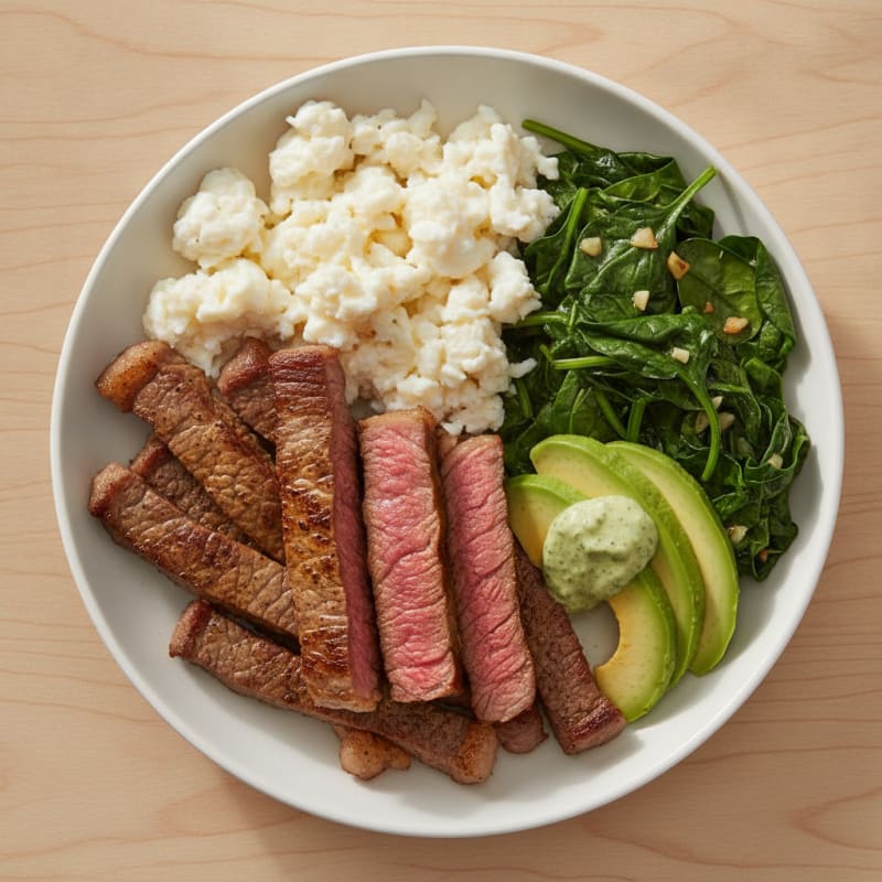 Seared Steak and Egg Whites with Sautéed Spinach