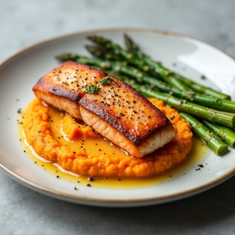 Seared Salmon Fillet with Steamed Asparagus and Sweet Potato Mash