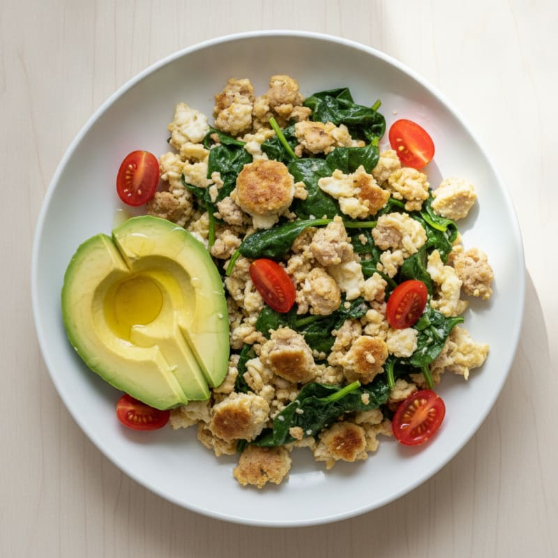 Egg White Scramble with Turkey Sausage and Sautéed Spinach