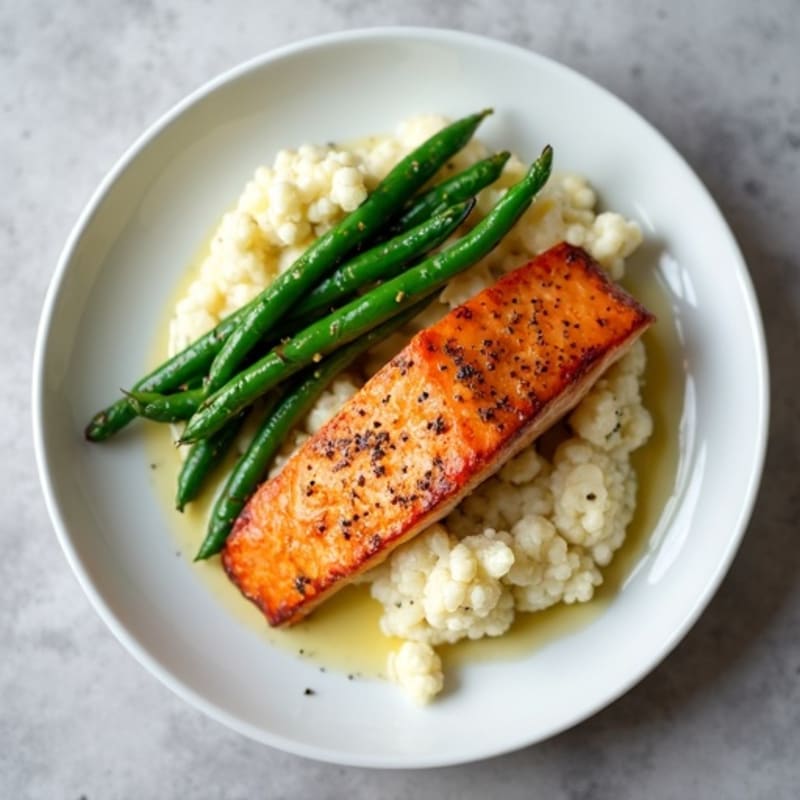 Seared Salmon with Garlic Green Beans and Cauliflower Mash