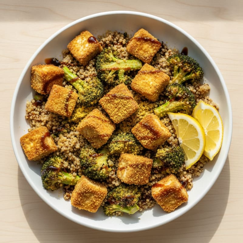 Crispy Tofu and Quinoa Power Bowl with Roasted Broccoli