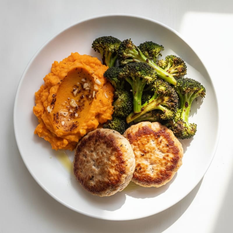 Seared Turkey Patties with Roasted Broccoli and Sweet Potato Mash