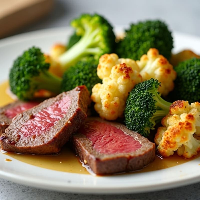 Seared Beef Strips with Roasted Broccoli and Cauliflower