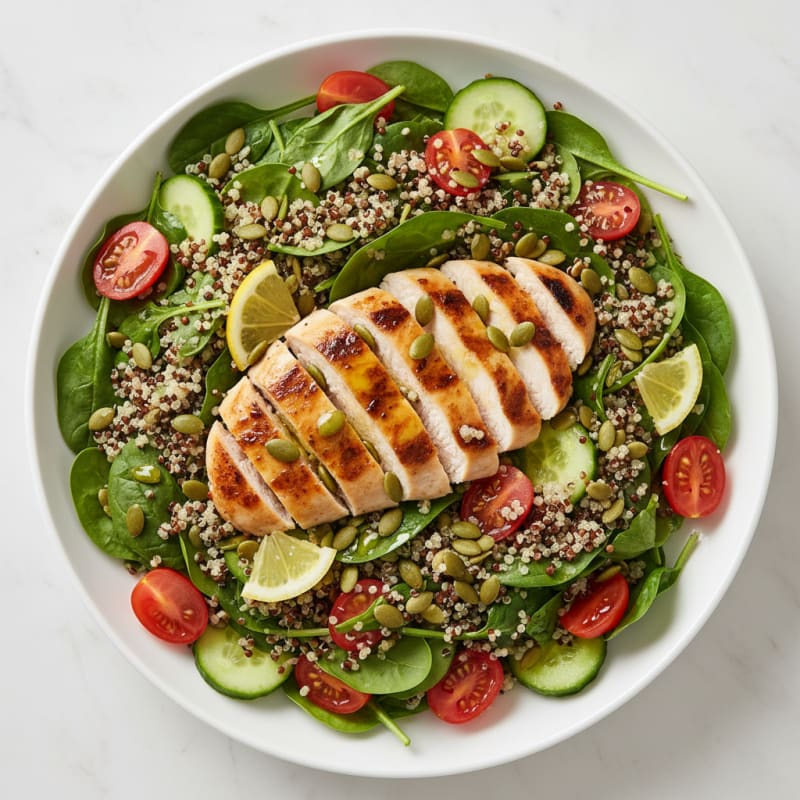 Grilled Chicken Breast over Quinoa Spinach Salad