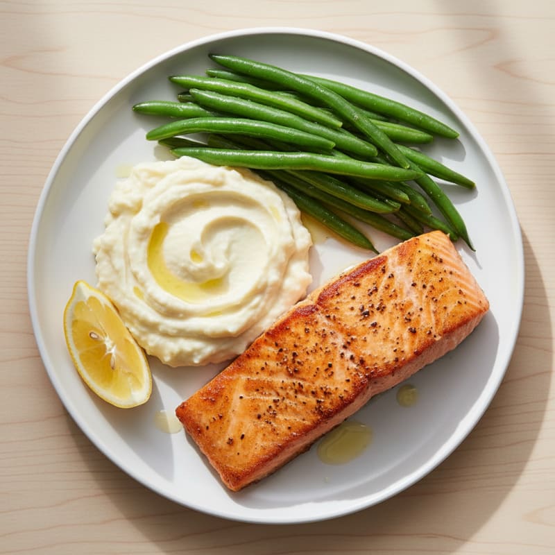 Seared Salmon with Steamed Green Beans and Cauliflower Mash